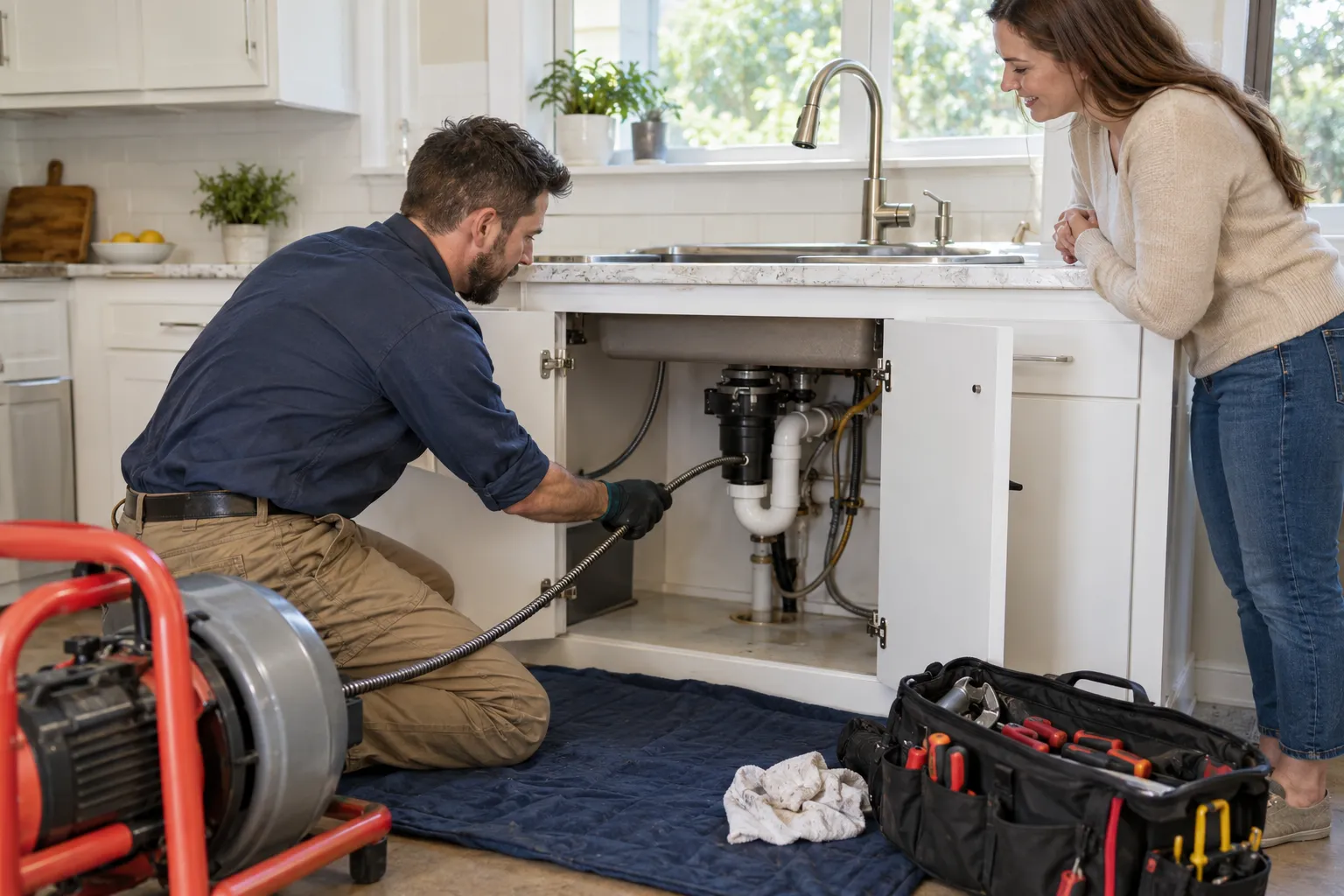 Friendly local plumber clearing a kitchen drain for a homeowner near Oklahoma City