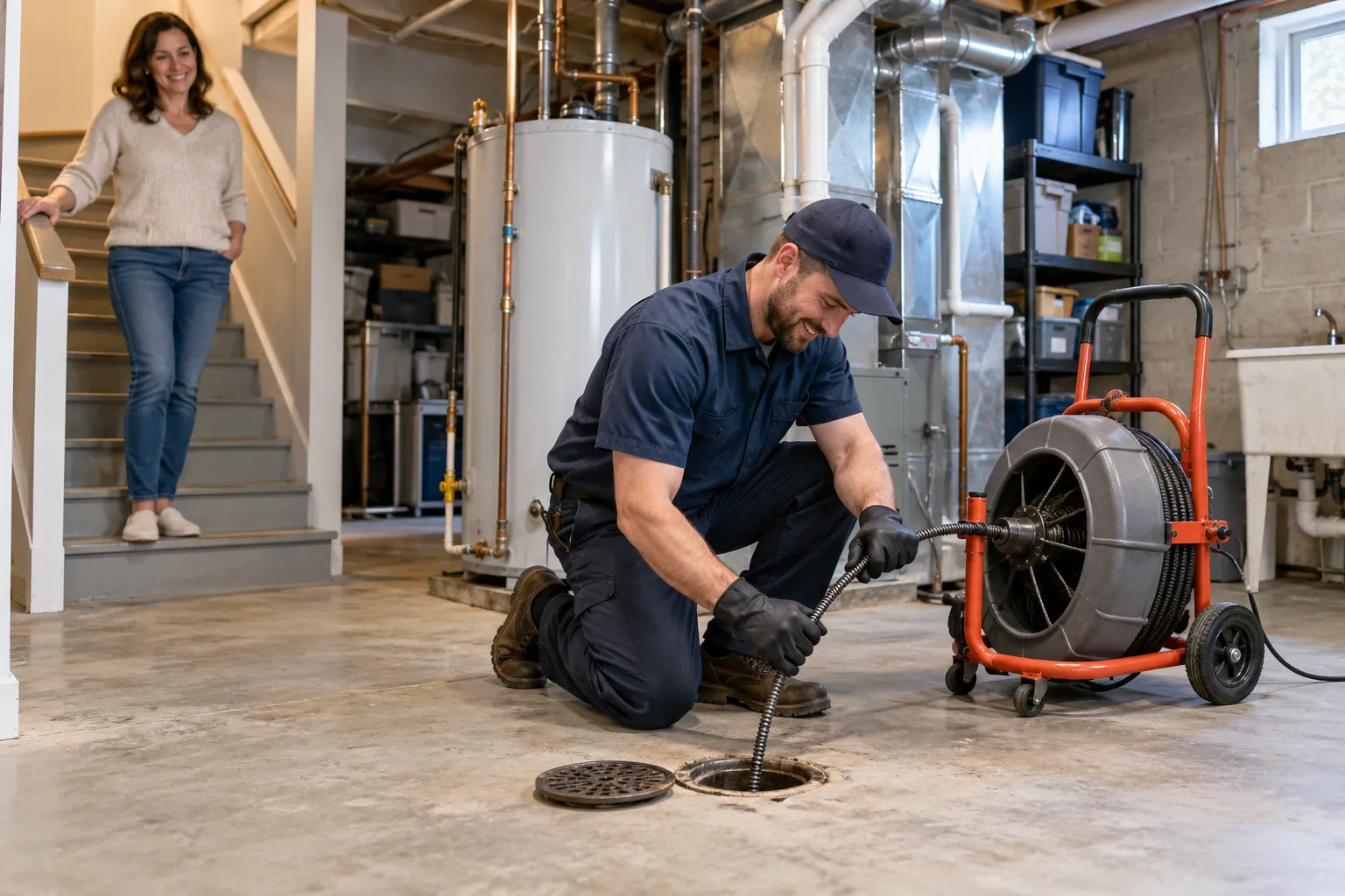 Provider using a drain machine on a basement floor drain near Oklahoma City